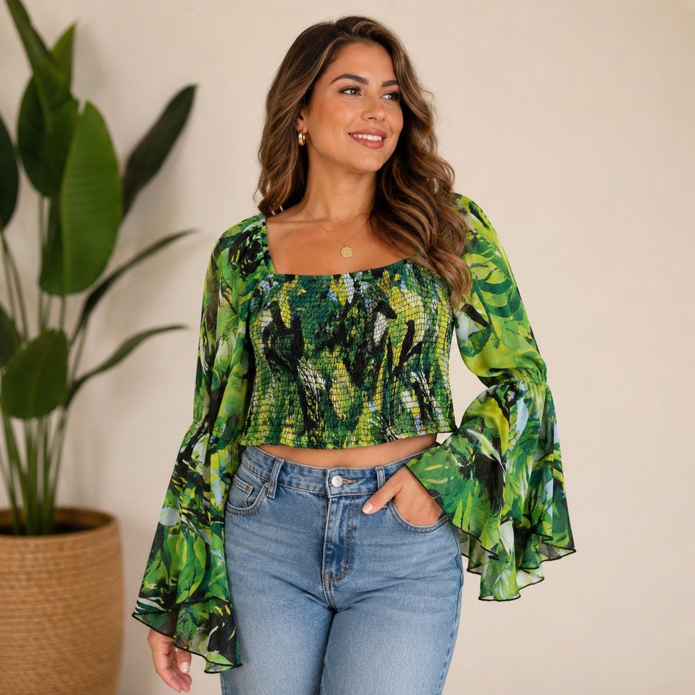 Live 4 Truth Womens Smocked Crop Top Tropical Floral Bell Sleeve Green L